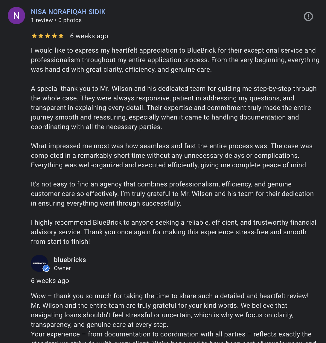 Google review — BlueBricks debt consolidation client testimonial 1